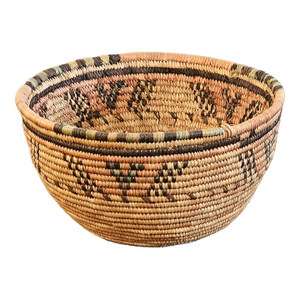 Vintage Native American Style Handwoven Coiled Basket With Geometric Design, C. 1960