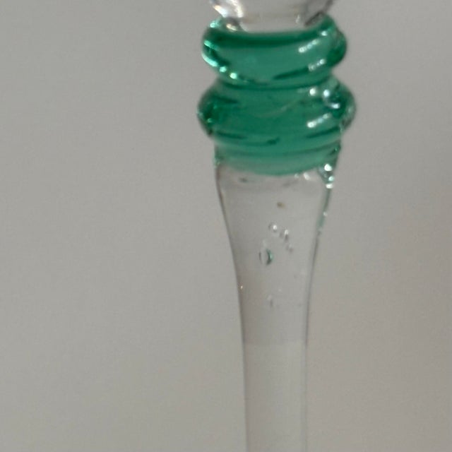 Vintage Champagne Flutes Clear Glass With Green Stem Detail, 9" - Set of 2 For Sale In Miami - Image 6 of 7