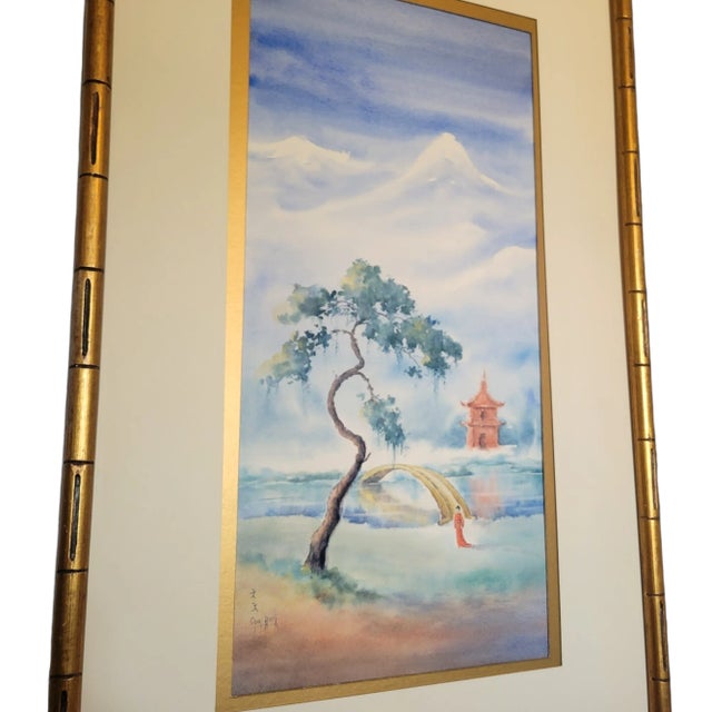 Vintage Serene Chinese Watercolor Painting - Gilt Bamboo Frame For Sale - Image 4 of 12
