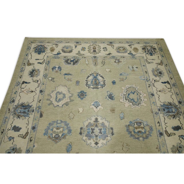 Early 21st Century Green Floral Design Handwoven Wool Turkish Oushak Rug 6'1" X 8'2" For Sale - Image 4 of 8