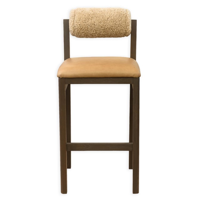 Wood Set of 4 Thayer Barstools by Maiden Home Dark Oak Wood Leather & Shearling Seats For Sale - Image 7 of 11