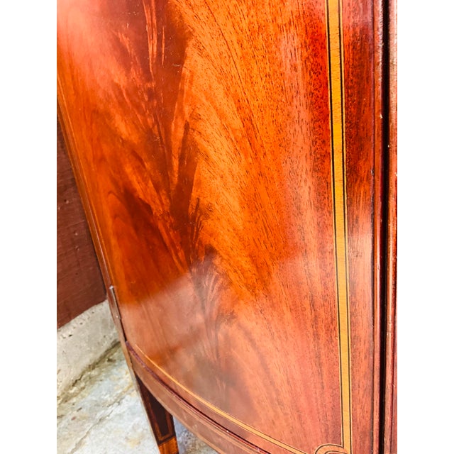 Late 20th Century Showstopping Flame Mahogany Demilune Cabinet – Bookmatched Veneer, Federal Revival For Sale - Image 10 of 10