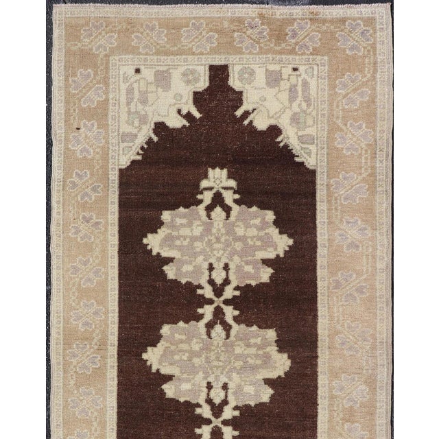 Brown Background Vintage Turkish Oushak Runner With Medallions in Cream & Ivory For Sale - Image 11 of 12