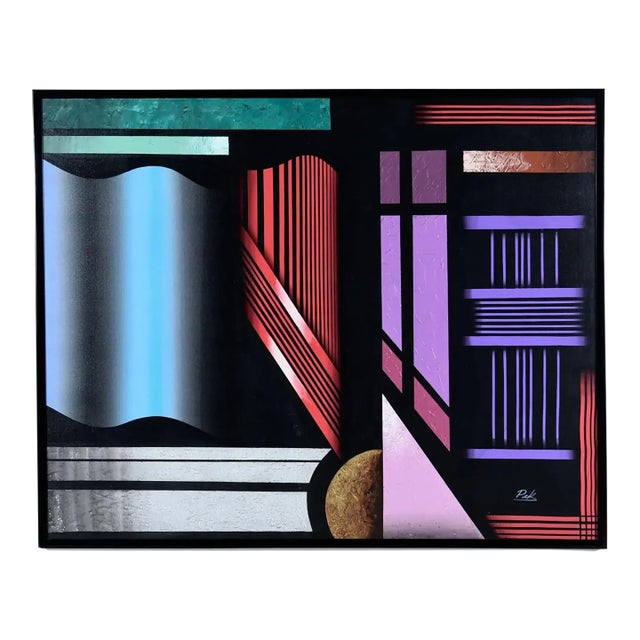 1980s Large Black and Jewel-Tone Art Deco Geometric Memphis Style Painting Signed Pak For Sale