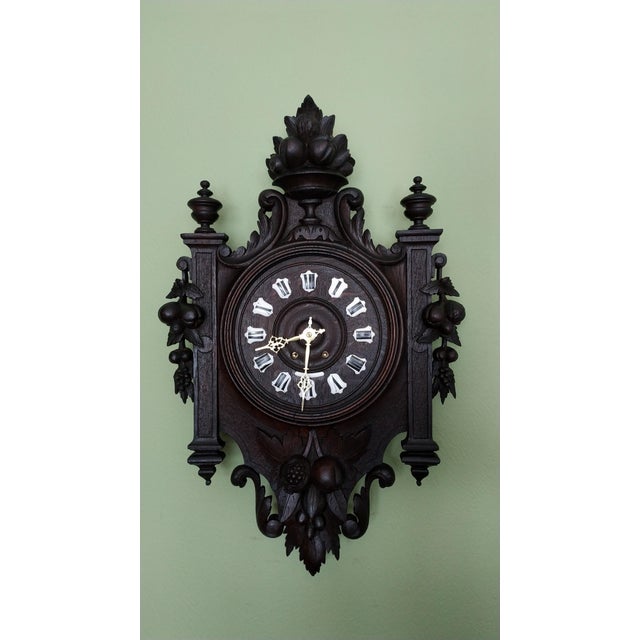 French 1840-1860 Grand French Carved Wooden Clock Cartel and Enameled Cartridges For Sale - Image 3 of 10