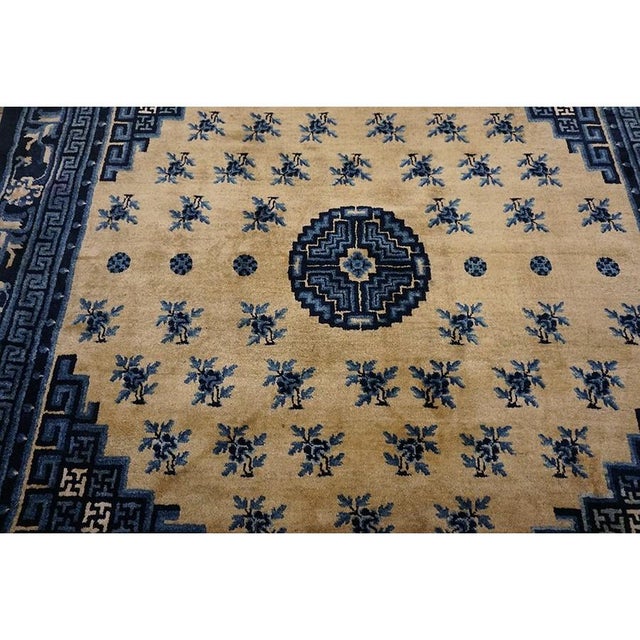 Chinese 1920s Beige Medallion Floral Classical Greek Antique Chinese Baotou Square Rug For Sale - Image 3 of 11