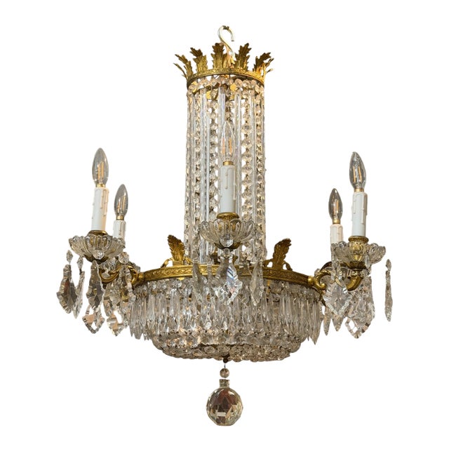 Antique Baccarat Gilt Bronze and French Crystal 6 Lite Chandelier For Sale