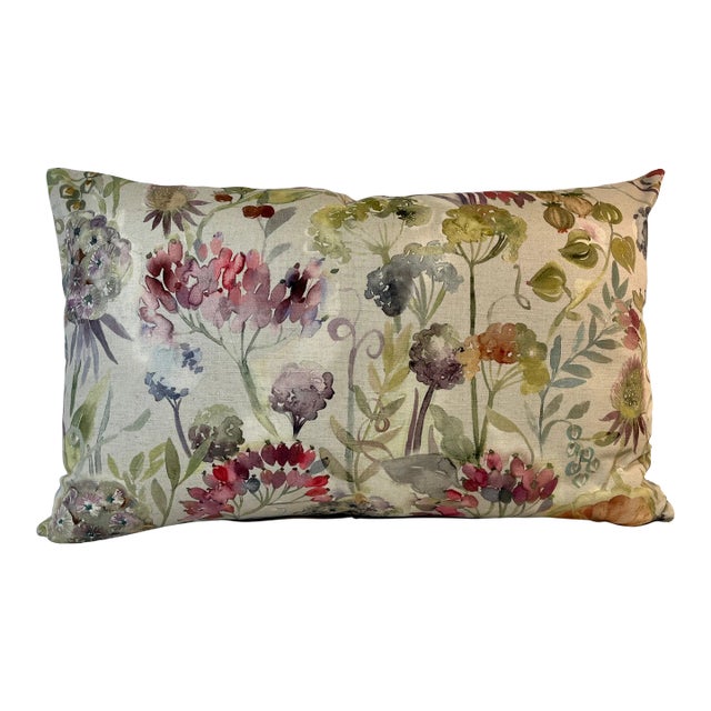 Large Bolster Pillow Decorated With a Muted Water Color Look Floral Pattern in Rich Hues of Pink, Purple and Green - Made in the U K For Sale