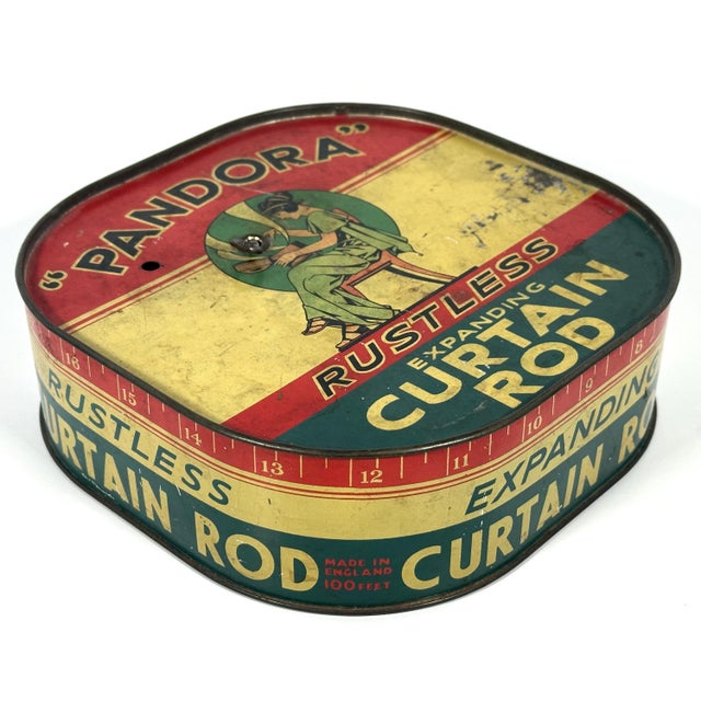 Vintage Pandora Expanding Curtain Rod Tin: Art Deco Advertising Container For Sale - Image 4 of 10