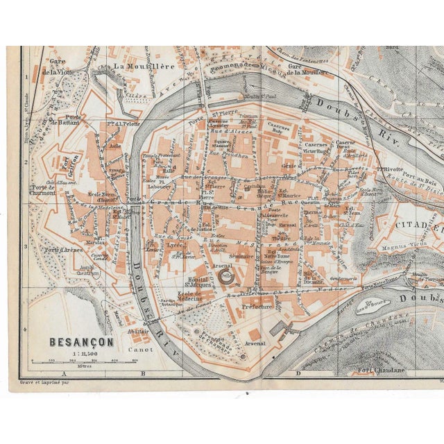 Antique French map of the city of Besancon, France and the Doubs River.