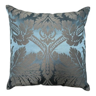 Large Scalamandre Blue Damask and Silk Velvet Designer Pillow - 1 of 3 For Sale
