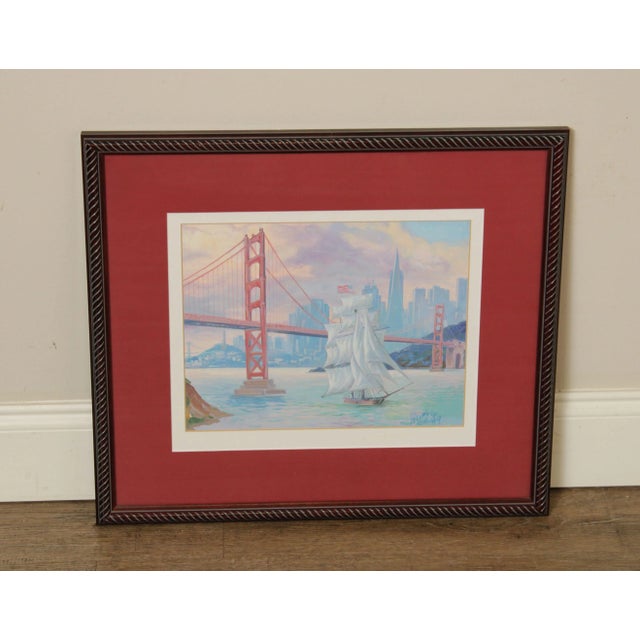 High Quality Vintage Art Print of Sail Boat in San Francisco Bay with Golden Gate Bridge, Signed 'Yelena & Andrey' within...