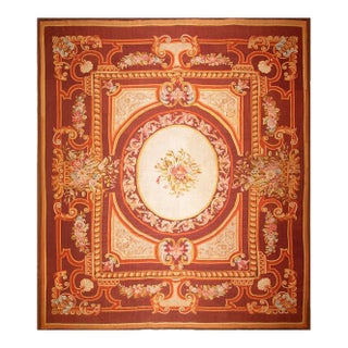 1850s Antique Ivory Neoclassical Floral Aubusson Flatwoven Wool Square Tapestry For Sale
