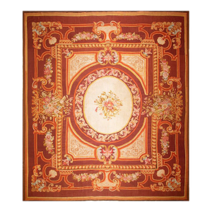 1850s Antique Ivory Neoclassical Floral Aubusson Flatwoven Wool Square Tapestry