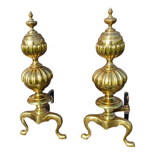 Vintage Ornate Cast Brass Fireplace Andirons 1950s For Sale