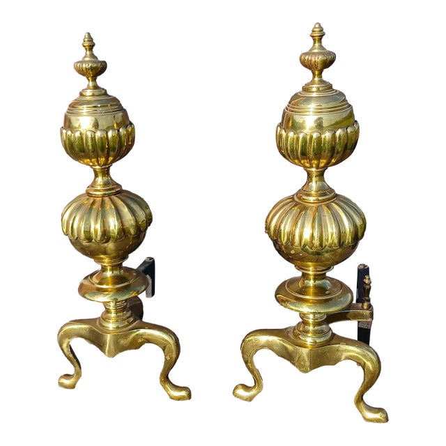 Vintage Ornate Cast Brass Fireplace Andirons 1950s For Sale