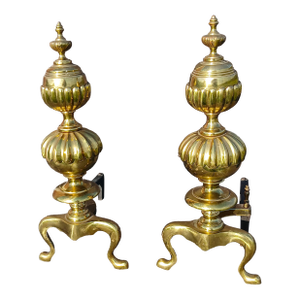 Vintage Ornate Cast Brass Fireplace Andirons 1950s