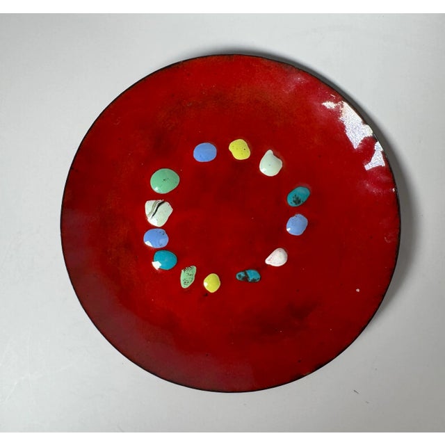Metal Vintage Organic Modern Red Enamel Copper Backed Decorative Plate For Sale - Image 7 of 10