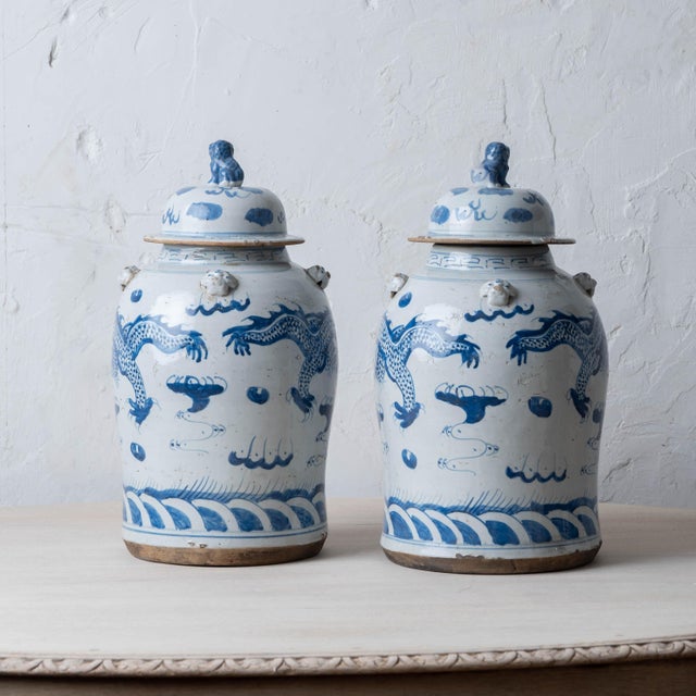 Mid 20th Century Pair of Chinese Blue and White Glazed Dragon Jars With Foo Dog Lid Finials For Sale - Image 5 of 8