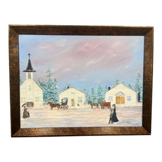 1980s Original Oil Painting Winter Village Church by Lea Topliff Framed For Sale