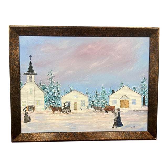 1980s Original Oil Painting Winter Village Church by Lea Topliff Framed For Sale