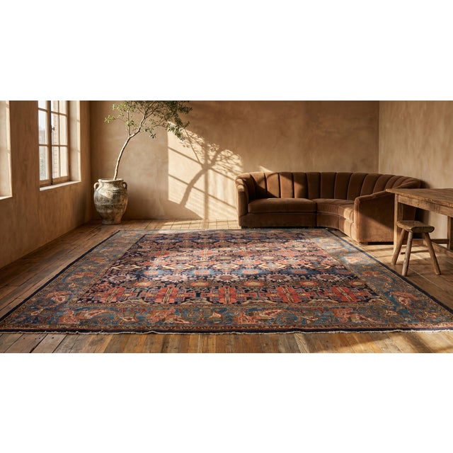 Navy Blue 1890s Blue Navy Geometric Tribal Antique Persian Malayer Rug 12' X 13'9" Handknotted Wool Carpet For Sale - Image 8 of 9
