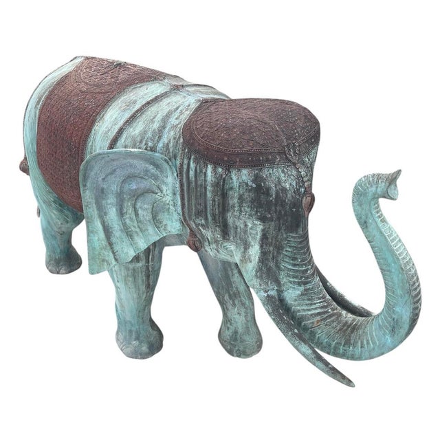 1970s A Pair of Vintage Verdigris Bronze Patinated Elephant Garden Statuary For Sale - Image 5 of 12