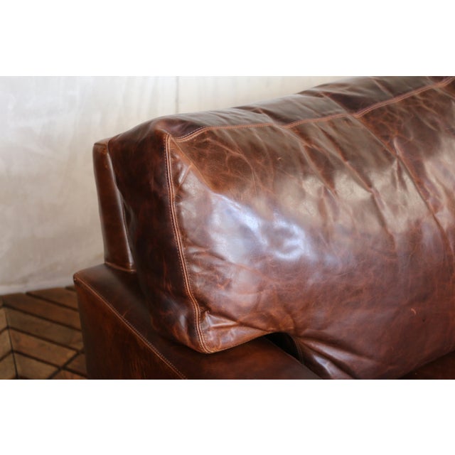 Restoration Hardware Brown Leather Three-Seat Sofa With Patina For Sale In Los Angeles - Image 6 of 18
