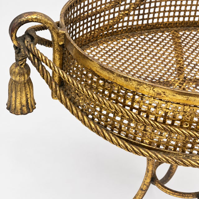 Metal 1960s Large Scale Italian Hollywood Regency Gilt Metal Tole & Tassel Planter Plant Stand For Sale - Image 7 of 8