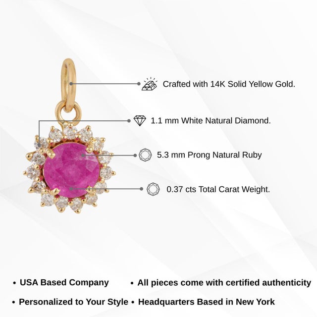Vintage Inspired Sunburst Ruby & Diamond Halo Pendant in 14k Yellow Gold For Sale - Image 11 of 14