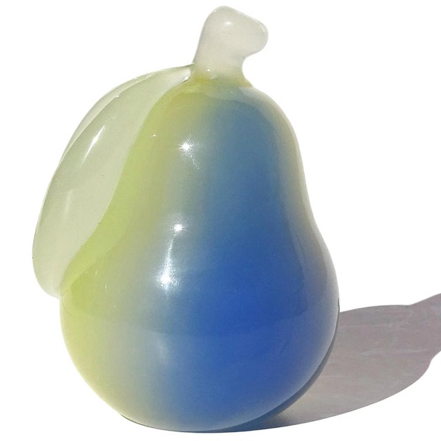 Figurative Murano Seguso Vintage Opalescent Yellow Blue Italian Art Glass Pear Paperweight Figure Sculpture For Sale - Image 3 of 4