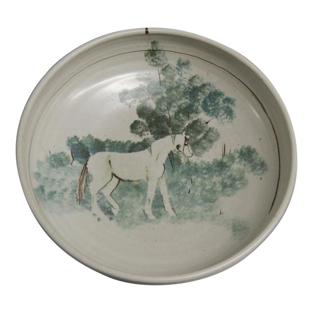 Large Vintage Grey and Green Farm House Round Decorative Bowl For Sale