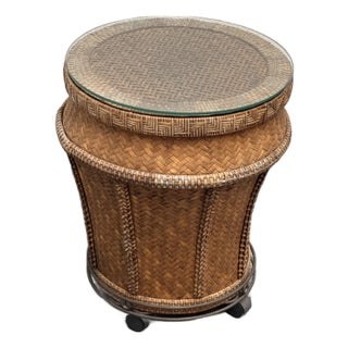 Woven Rattan Drum Side Table + Glass Top, Vintage For Sale