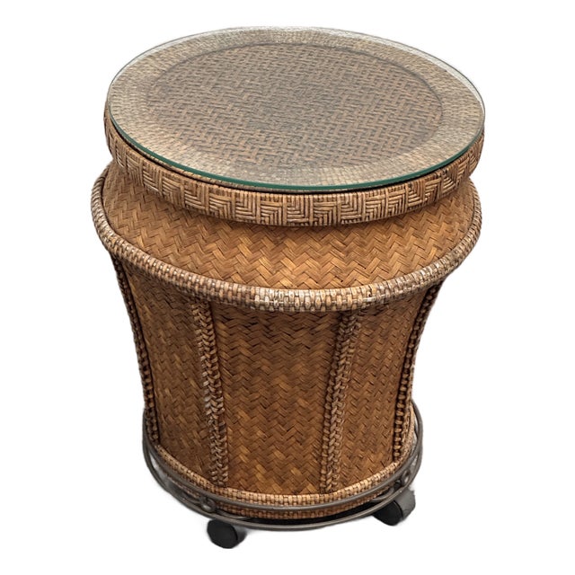 Woven Rattan Drum Side Table + Glass Top, Vintage For Sale