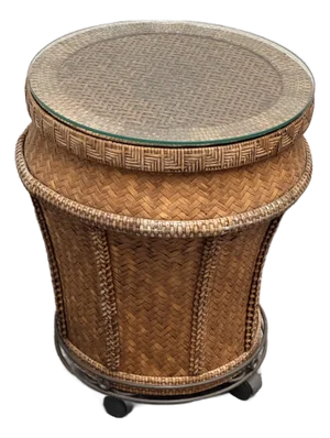 Woven Rattan Drum Side Table + Glass Top, Vintage