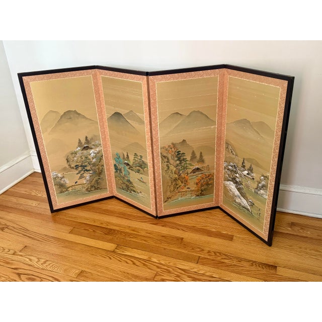 Serene Japanese Showa period four-panel byobu screen. The screen depicts the majesty of the four seasons around a mountain...