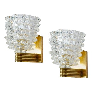 Art Deco Brass-Mounted Rostrato Murano Glass Sconces from Barovier, 1940s, Set of 2 For Sale