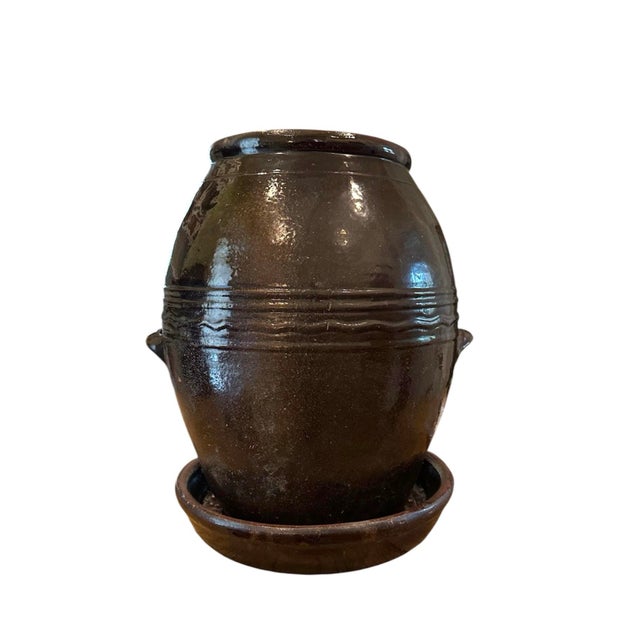 Ceramic Vintage Large Hand Made Brown Glazed Redware Pottery Crock / Vessel / Olive Jar / Planter and Saucer Set For Sale - Image 7 of 10