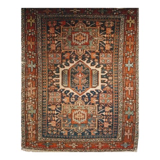 19th Century Persian Heriz Karajeh Rug, Hand-Knotted Wool, Geometric Pattern, Blue & Green, 4x5 For Sale
