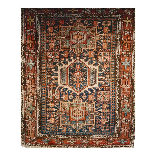 19th Century Persian Heriz Karajeh Rug, Hand-Knotted Wool, Geometric Pattern, Blue & Green, 4x5 For Sale