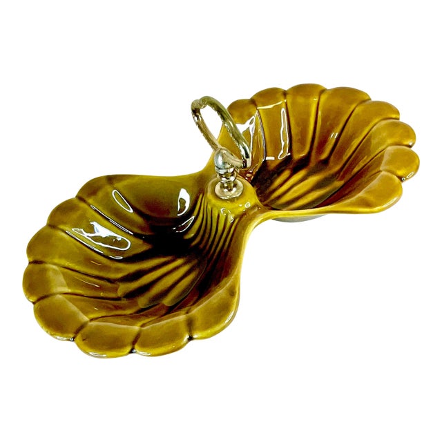 Mid-Century Boho Chic Americana California Pottery Divided Serving Dish, Shell Shape. For Sale