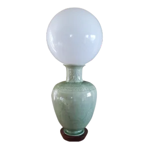 Large Vintage Thai Celadon Carved 'Buddist Temple With Birds" Globe Table Lamp