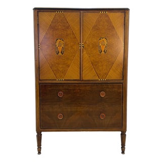 Early Art Deco Sligh Burl Wood Cabinet With Floral Inlay & Interior Trays, Circa 1920s For Sale