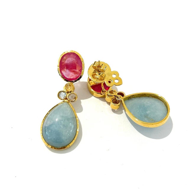 Bochic "Orient" Multi Sapphire, Aquamarine & Ruby Earrings Set 18K Gold&Silver For Sale - Image 14 of 18