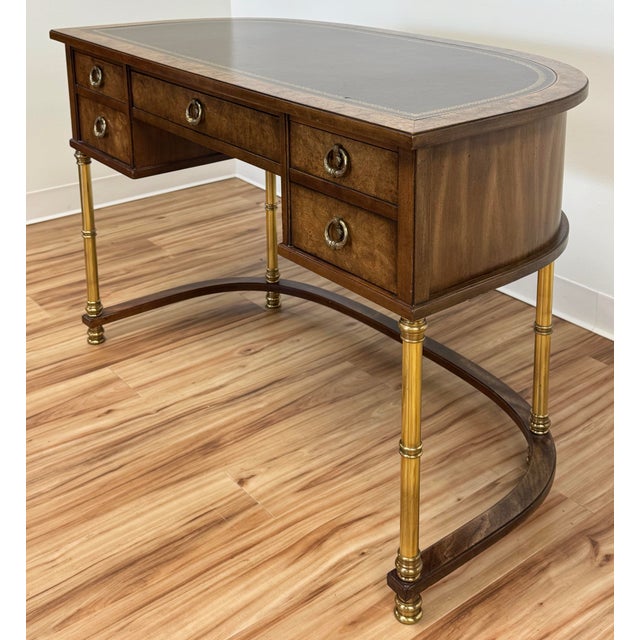 Sligh-Lowry Furniture Co. Vintage Sligh-Lowry Burl Wood Leather Top Demilune Desk W/ Brass Legs For Sale - Image 4 of 12