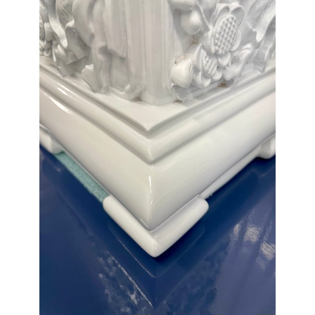 1970s High-Gloss White Lacquer Chinoiserie Relief Table Lamps – 33” - a Pair For Sale - Image 9 of 9