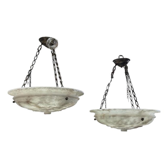 Charles Edwards Alabaster Dish Light W Floral Motif and Embellished Banding, Pair For Sale