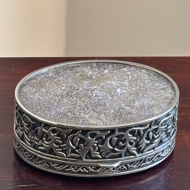 Vintage Silver-Plated Oval Jewelry Box With Blue Velvet Lining & Ornate Foliate Relief For Sale - Image 10 of 12