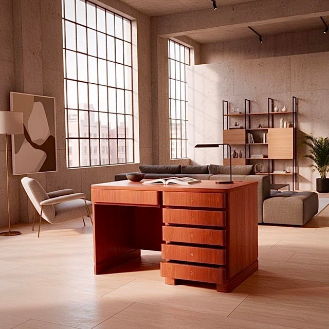 Mid-Century Modern Vintage Art Deco Curved Front Desk in Elm, 1930s For Sale - Image 3 of 12