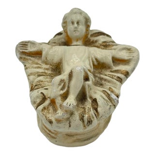 Vintage Composition Nativity Baby Jesus in Manger – Primitive European Christmas Décor For Sale